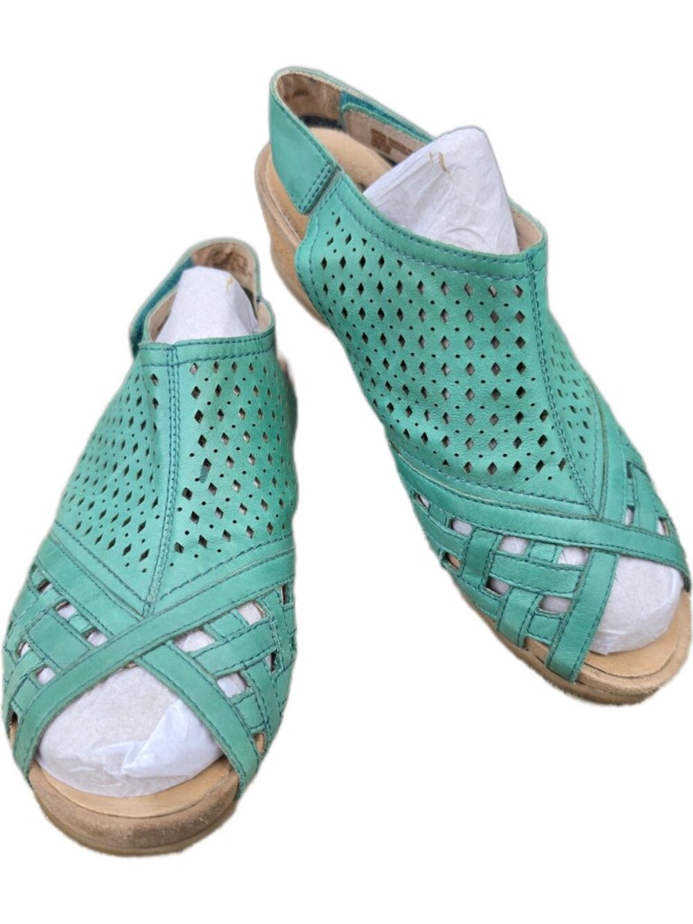 Earth Pisa Galli Teal Green Leather Perforated Wedge Sandals 9.5 W Wide